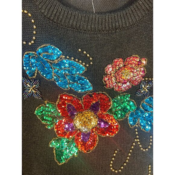 Vintage Womens Lg (estimated) Sweater Black Sequin Floral 80s Old Money - Picture 6 of 8